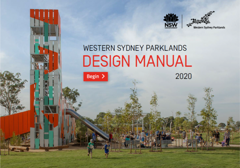 Cover page of the Western Sydney Parklands Design Manual 2020 showing Bungarribee playground